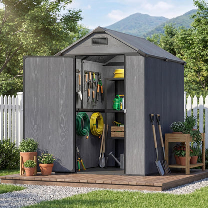 Devoko 4x6 FT Resin Outdoor Storage Shed with Floor, Outdoor Plastic Shed with Lockable Door, Sloped Roof & Vent, Versatile Tool Shed for Patio Lawn Backyard, Deep Grey
