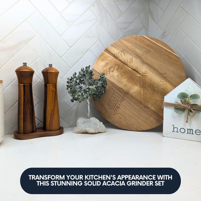 Wooden Salt and Pepper Grinders Set Mill with Tray, Premium Acacia Wood, 100% Plastic Free, Adjustable Coarseness with Stainless Steel and Ceramic Core, Great Gift, 8” Set of 2