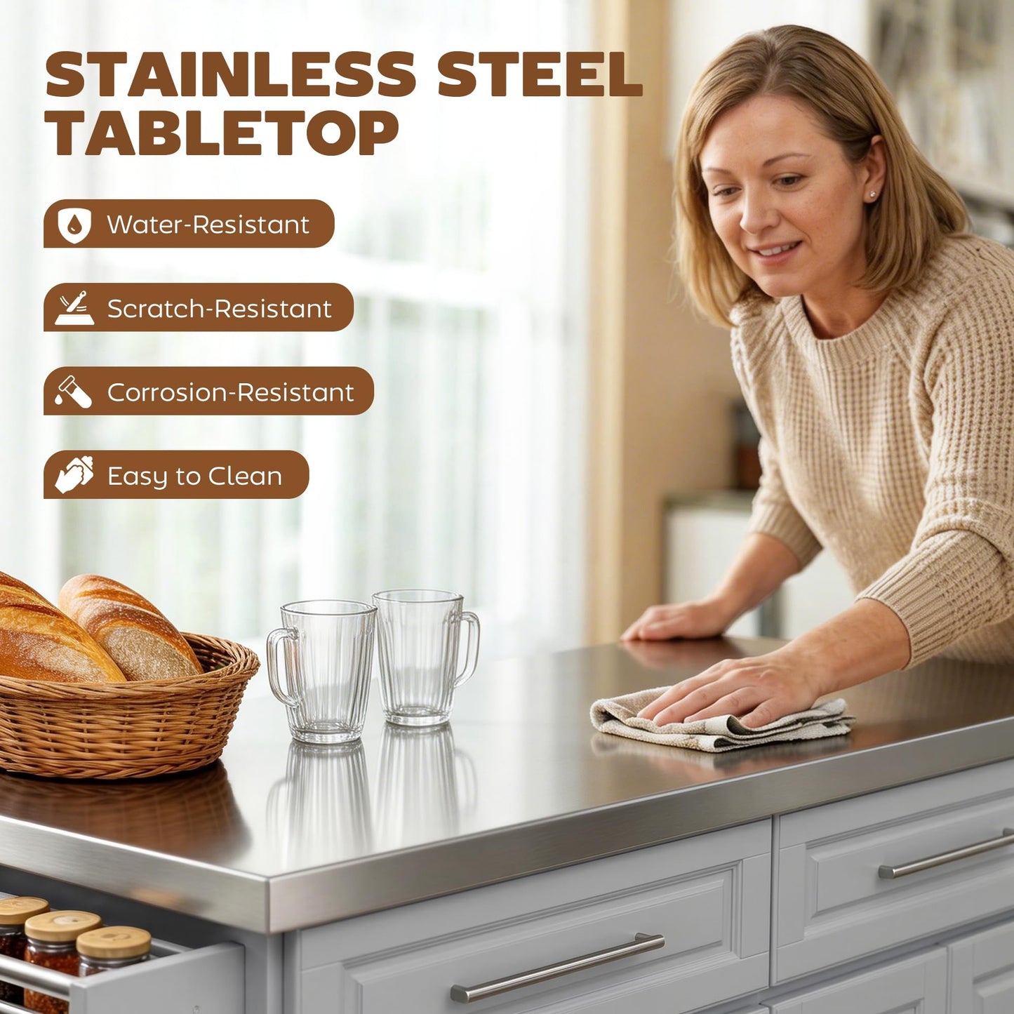 HOMCOM Rolling Kitchen Island Cart with 47" Stainless Steel Top, Portable Island Table for Kitchen with Wheels, Adjustable Shelves, 2 Drawers, Spice, Knife and Towel Rack, Gray