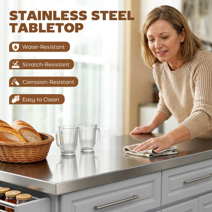 HOMCOM Rolling Kitchen Island Cart with 47" Stainless Steel Top, Portable Island Table for Kitchen with Wheels, Adjustable Shelves, 2 Drawers, Spice, Knife and Towel Rack, Gray