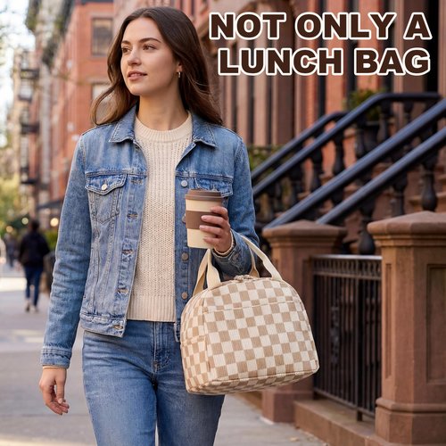 LEDAOU Insulated Lunch Bag women Corduroy Small Lunch Box for Women with Front Pocket Leakproof Cooler Checkered Cute Adult Gilrs Lunch Box for Work School Picnic