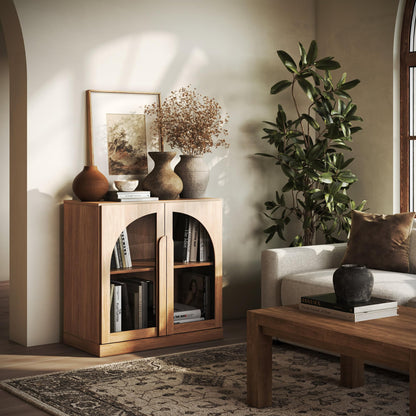 BELLEZE 2 Tier Bookshelf with Arched Glass Door, Modern Display Bookcase Shelf with Storage and Adjustable Shelves, Wood Bookshelves for Living Room Office Entryway (Camel)