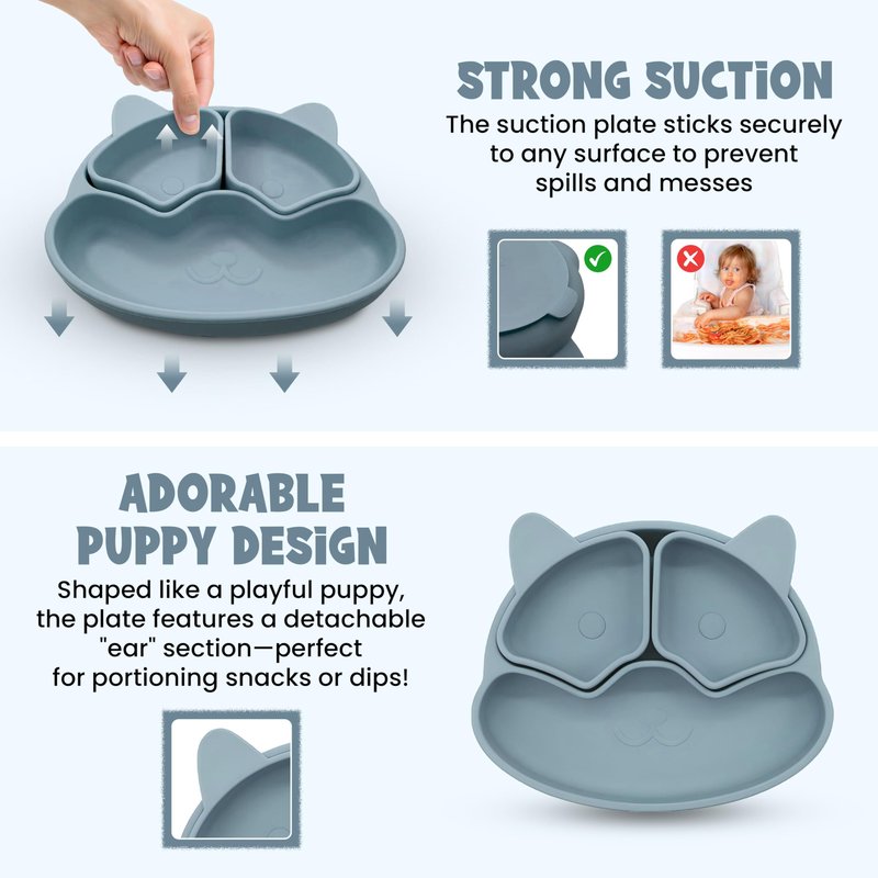 Baby Feeding Essentials, Baby Led Weaning Supplies, Silicone Baby Feeding Set, with Baby Spoon, Fork, Baby Bib, Sippy Cup, Suction Plate, Suction Bowl, Baby Eating Essentials, 6+ Months (Dusty Blue)