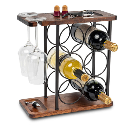 SASIDO Wine Racks Countertop, Wine Holder and Glasses Rack, Wooden Wine Stand with Tray, Perfect for Home Decor & Kitchen Storage Rack etc (Hold 6 Bottles and 2 Glasses)