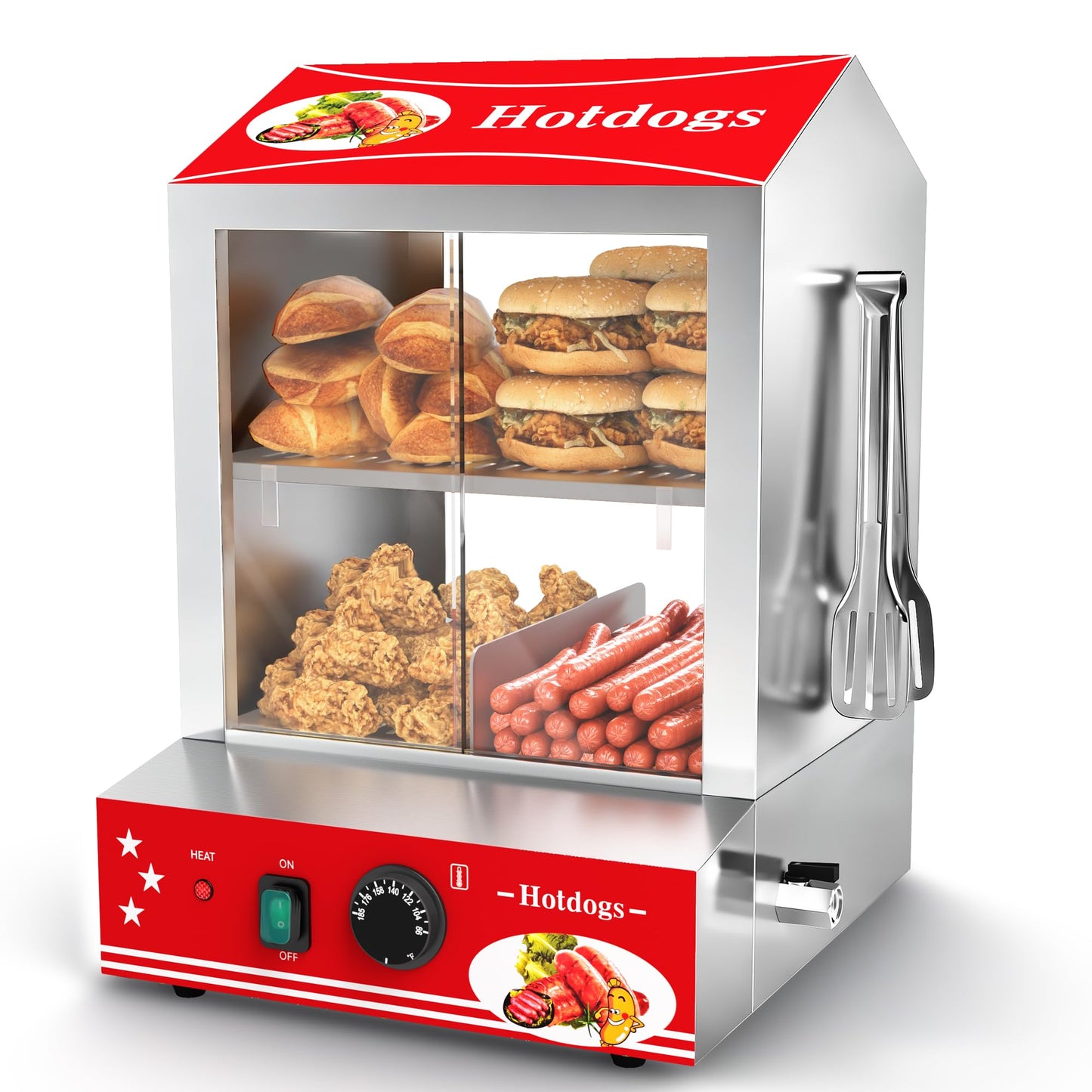 ZMRTDWO Hot Dog Steamer, 28.5QT 2-Tier Commercial Hot Dog Machine with Bun Warmer, 86°F~185°F Adjustable, 175 Hot Dogs & 40 Buns, Stainless Steel Hot Dog Bun Warmer with Tempered Glass Slide Doors