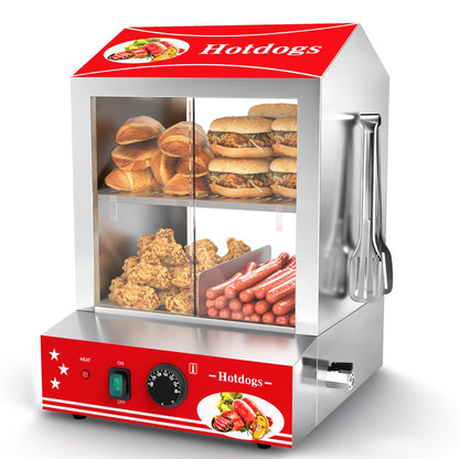 ZMRTDWO Hot Dog Steamer, 28.5QT 2-Tier Commercial Hot Dog Machine with Bun Warmer, 86°F~185°F Adjustable, 175 Hot Dogs & 40 Buns, Stainless Steel Hot Dog Bun Warmer with Tempered Glass Slide Doors