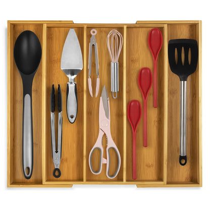 Purawood Kitchen Drawer Organizer - Expandable Utensil Drawer Organizer for Kitchen, Cutlery Tray & Silverware Organizer, 3-5 Slots - Bamboo Organizer for Utensils & Flatware (Natural)