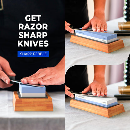 Sharp Pebble Premium Whetstone Knife Sharpening System – 1000/6000 Grit Whetstone Knife Sharpener & Honing Kit with Angle Guide & Non-Slip Bamboo Base – Guided Beginner Instructions
