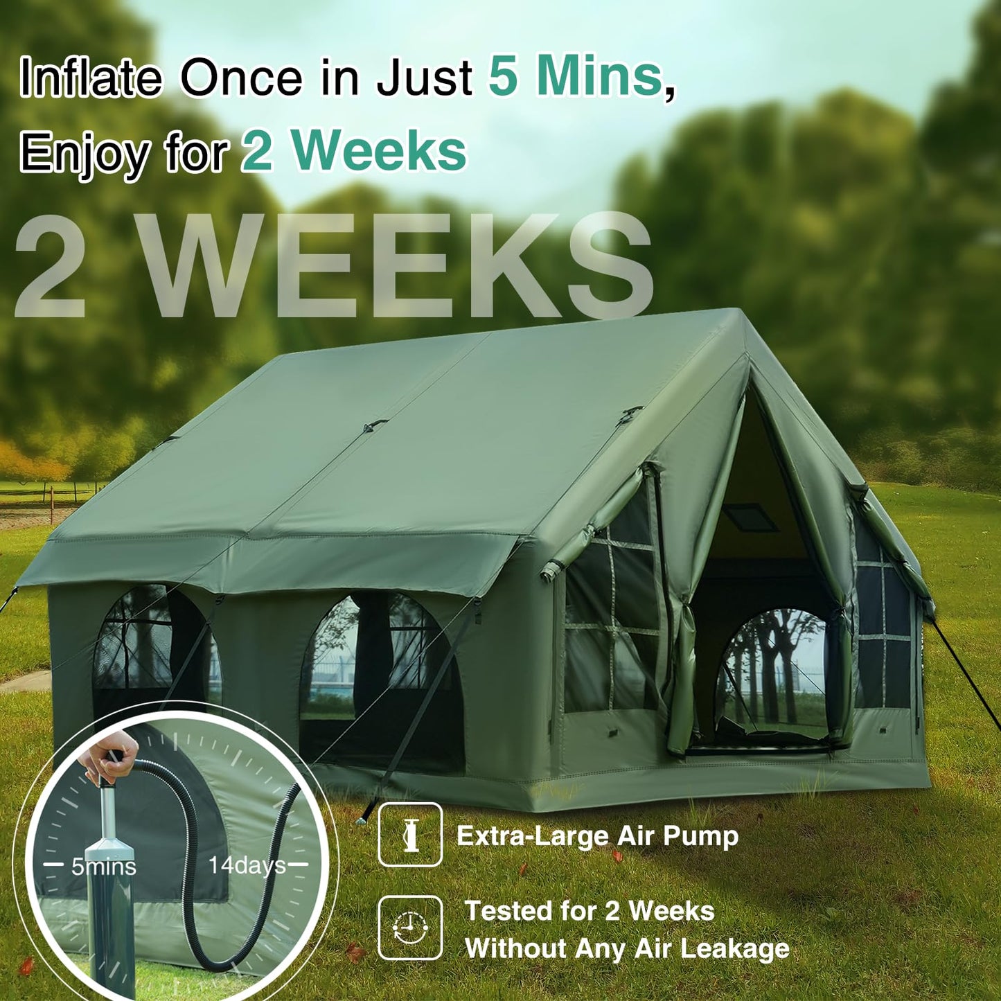 KNUO 2026 Upgraded Waterproof Inflatable Camping Tent for 5-8 People, Large Blow-Up Air Tent, No Assembly Needed Luxury Glamping House, 10x10ft Oxford Fabric,Green