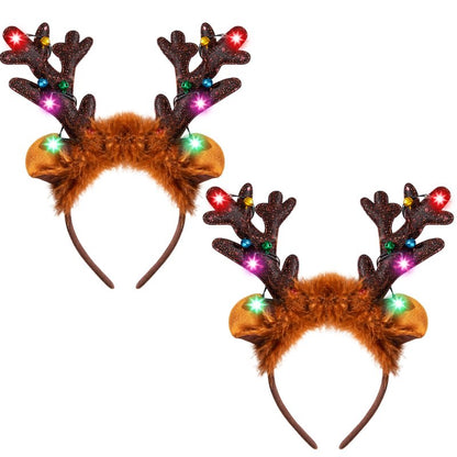 JOYIN Christmas 2Pcs Light Up Headband, Cute Reindeer Headband with LED Bulbs for Adult Kids Party Favor Supplies Xmas Accessories Christmas Holiday