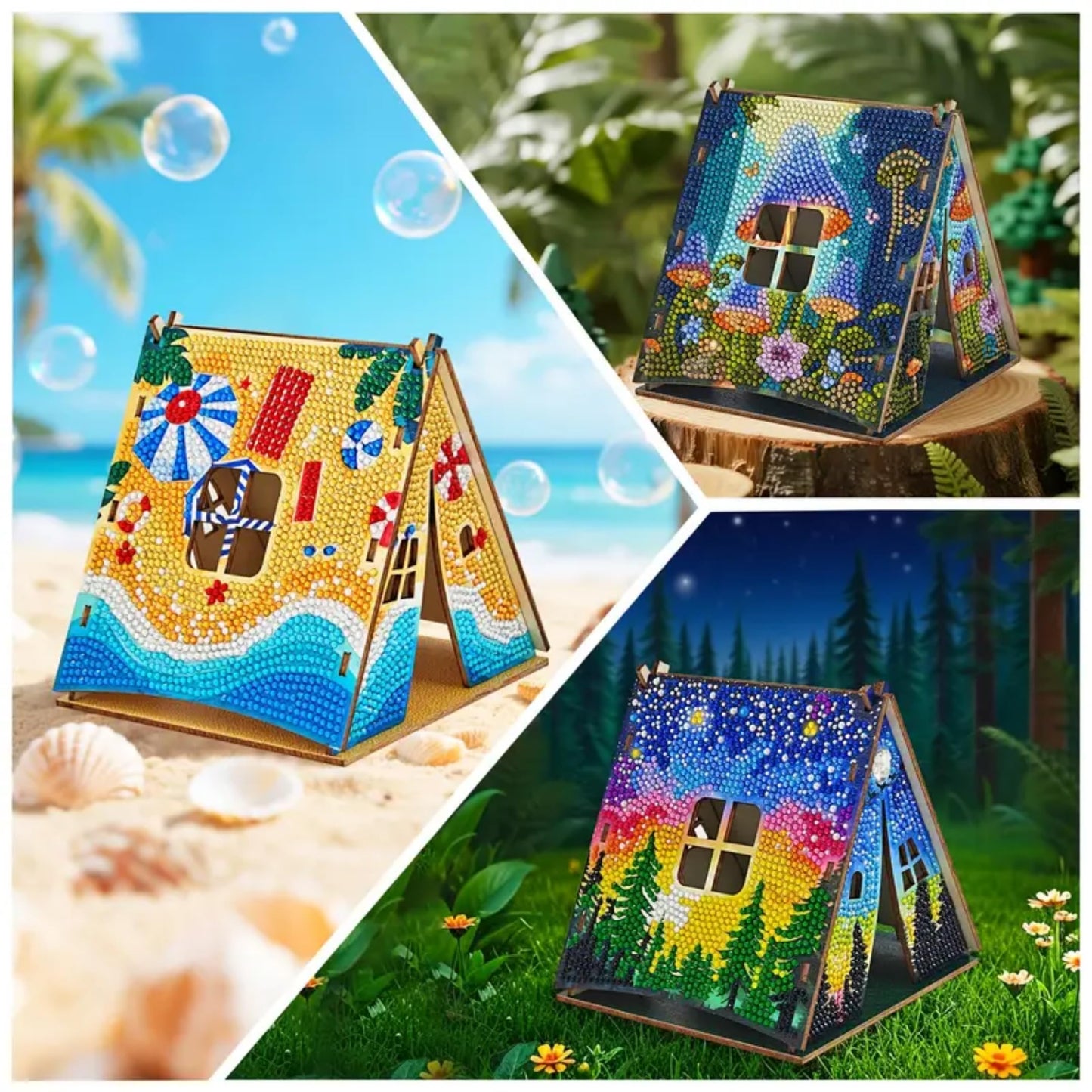 Party Ready 3D Diamond Painting Tent Craft Kit with LED Lights – Full Drill Crystal Mosaic Wood Puzzle, DIY Holiday Decorative Art for Home Display (Starry Night)