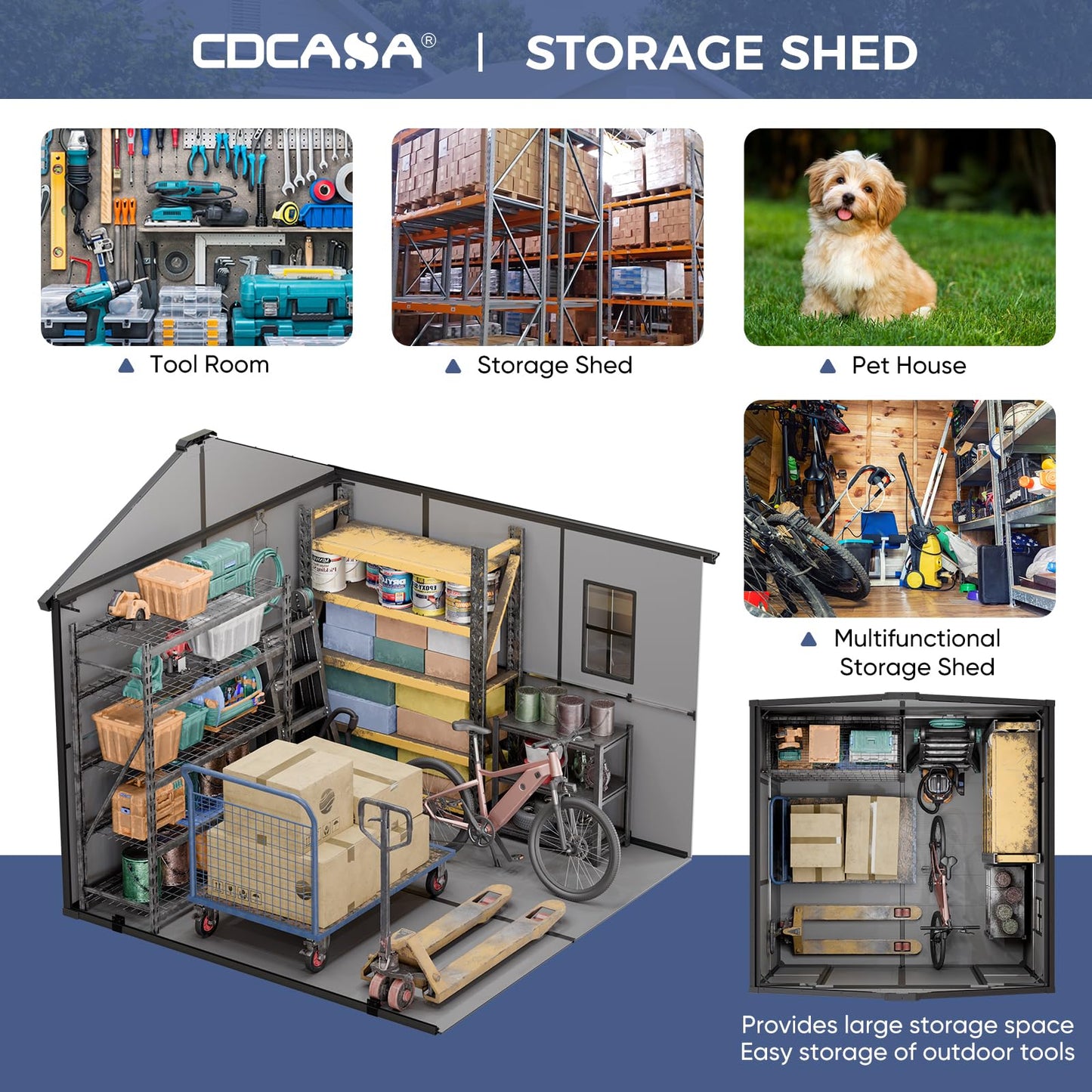 CDCASA 8x8x7 FT Resin Shed with Floor Included, Steel‑Reinforced Large Waterproof Outdoor Storage Sheds with Base & Lockable Door & Window & Vents, Outside Plastic Tool for Outside Patio Backyard