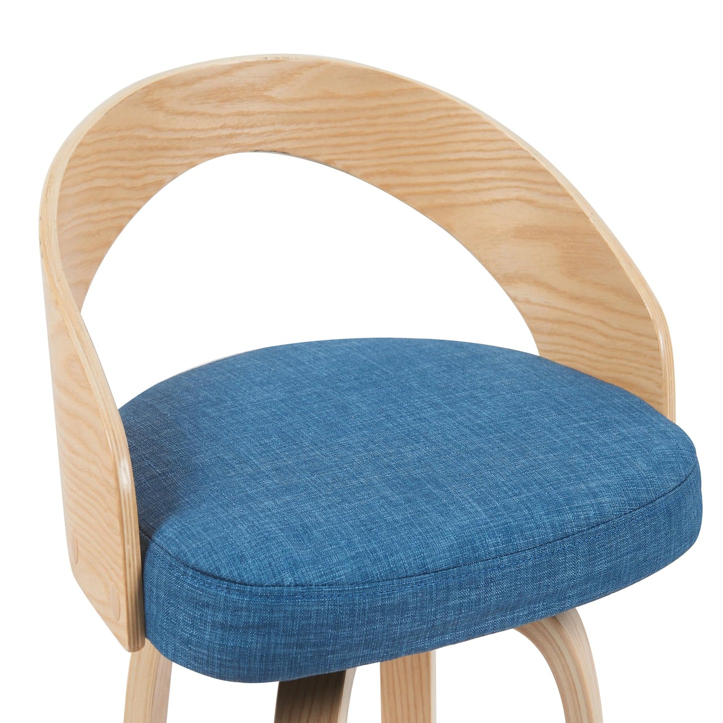 Sonia Modern Swivel Counter Height Bar Stool with Blue Upholstered Seat and Patterned Oak Wood Finish Set of 3