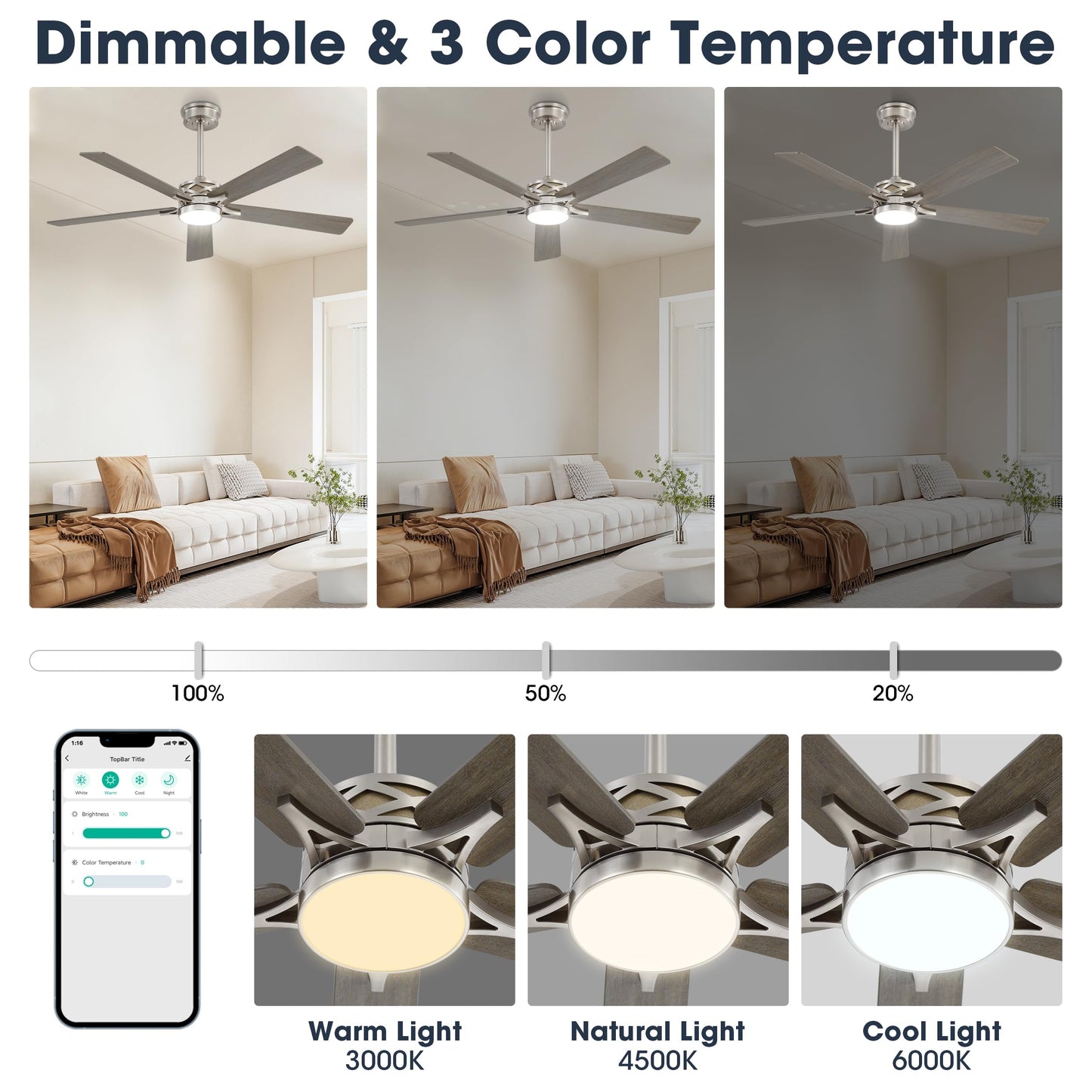 WINGBO 60" Smart Ceiling Fan with Lights and 3 Downrods, 5 Plywood Blades, 6 Speeds Reversible DC Motor, Works with Alexa and Google Assistant, 3CCT Dimmable LED Large Ceiling Fans, Nickel and Grey