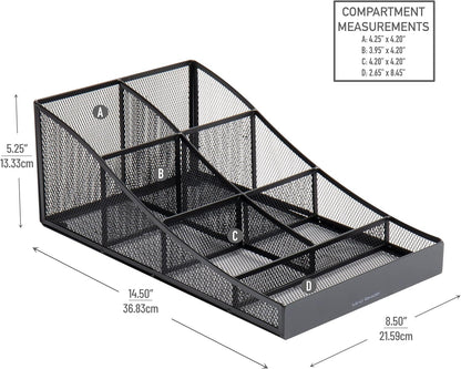 Mind Reader Black Cup and Condiment Station, Countertop Organizer for Coffee Bar, Metal Mesh 8.5"L x 14.5"W x 5.25"H