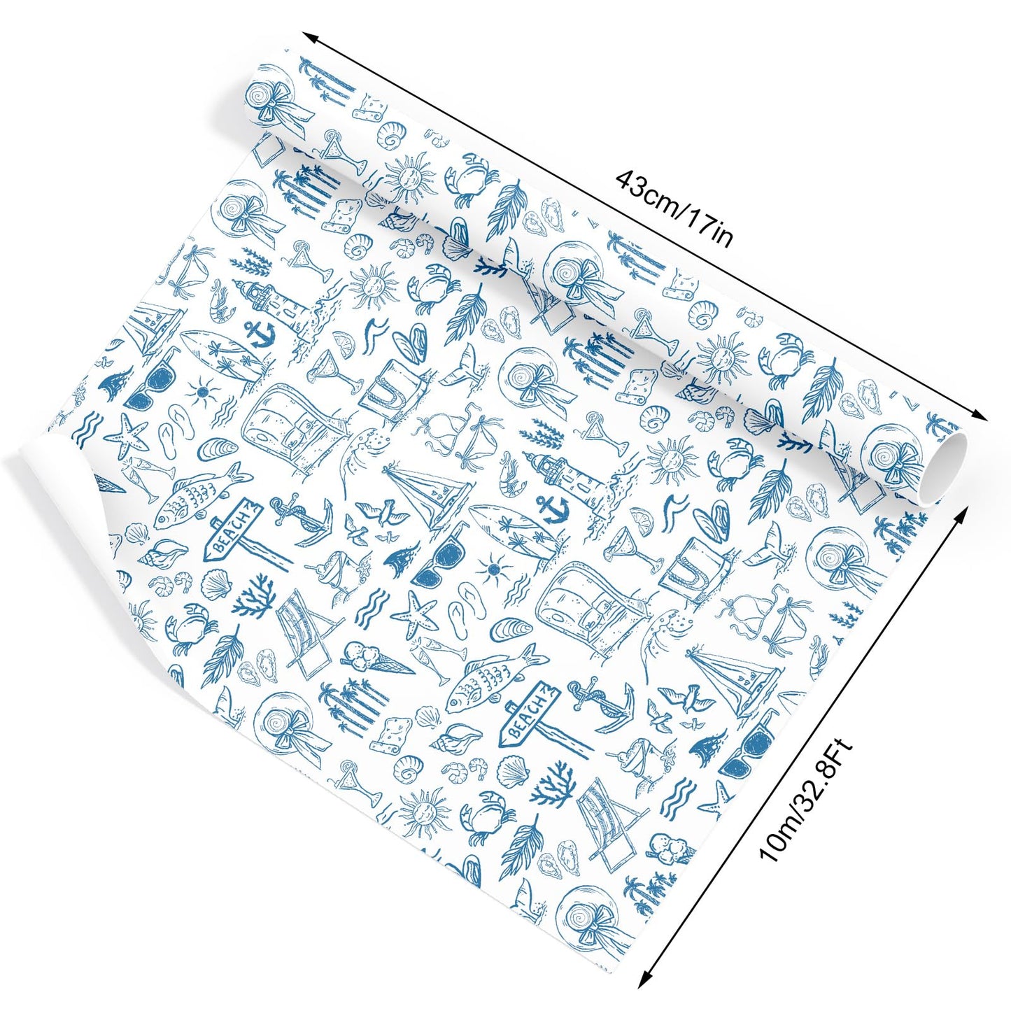 FYSUIMU Summer Wrapping Paper -Mini Roll- 17 Inch x 32.8 Ft Blue White Beach Fish Gift Wrap Paper Tropical Art Papers for Luau Pool Party Baby Shower Birthday DIY Crafts