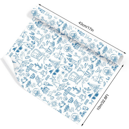 FYSUIMU Summer Wrapping Paper -Mini Roll- 17 Inch x 32.8 Ft Blue White Beach Fish Gift Wrap Paper Tropical Art Papers for Luau Pool Party Baby Shower Birthday DIY Crafts