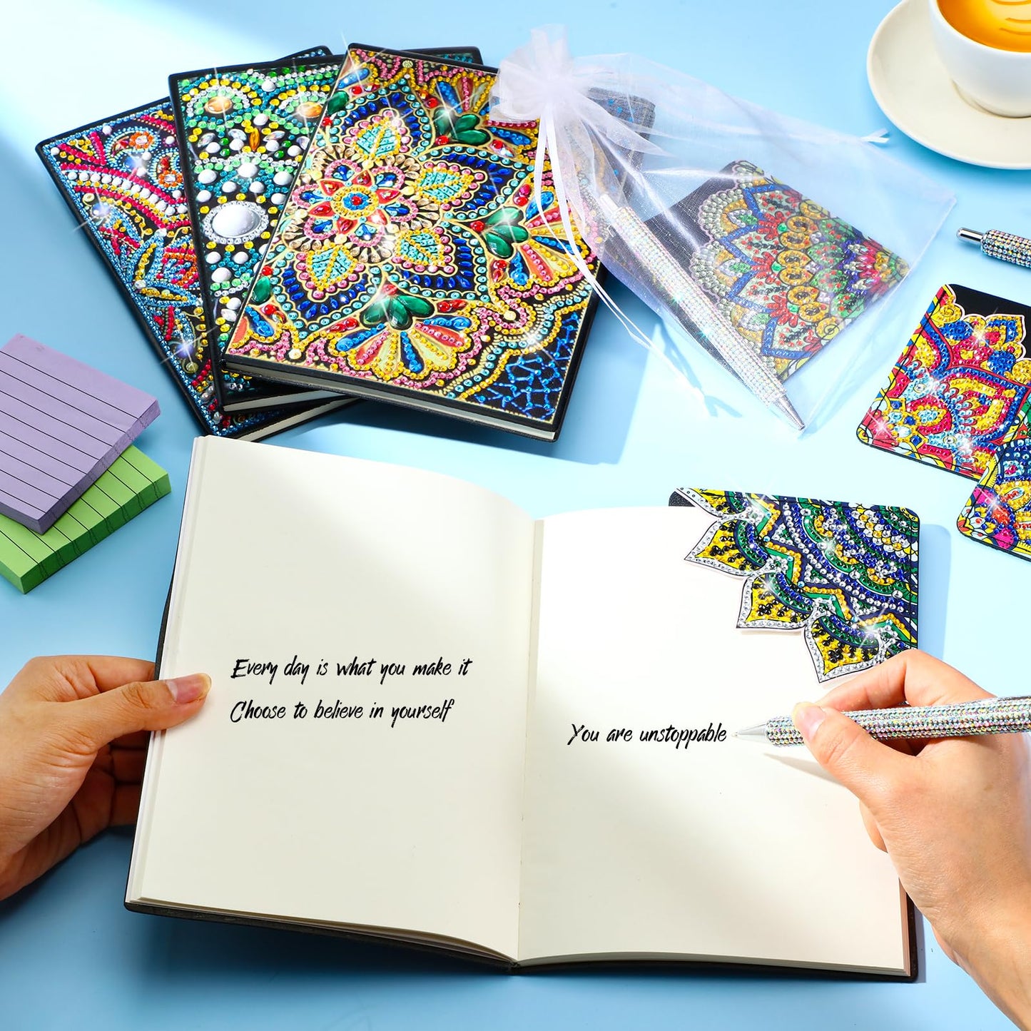 Skyygemm 16 Pcs Diamond Painting Kits for Women 5d Mandala Diamond Painting Notebook Art Bookmarks Rhinestone Pen and Organza Bags with Tools DIY Gem Dots Crafts for Adults Sketchbook Supplies