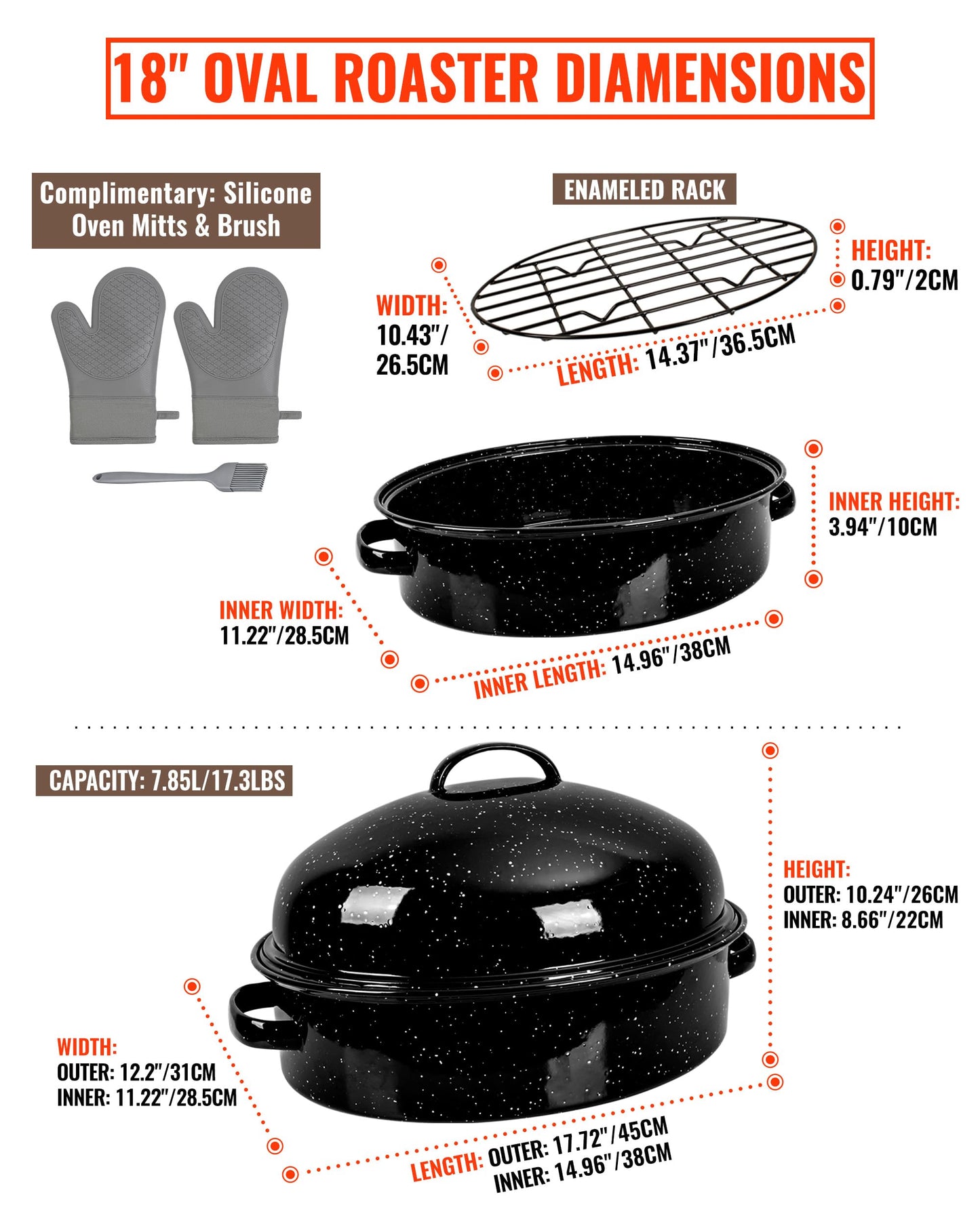 MCCSI Roasting Pan with Lid & Rack 18 Inch Extra Large Deep Oven Baking Pot, Enamel Granite Non-Stick Oval Carbon Steel Pot for Turkey Chicken Ham Steak Non-Toxic for Mother Day Gift Roaster Pan
