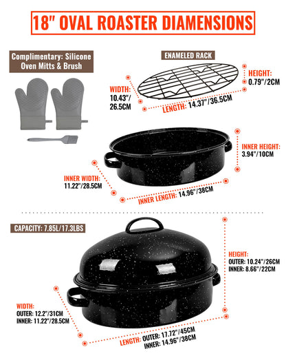 MCCSI Roasting Pan with Lid & Rack 18 Inch Extra Large Deep Oven Baking Pot, Enamel Granite Non-Stick Oval Carbon Steel Pot for Turkey Chicken Ham Steak Non-Toxic for Mother Day Gift Roaster Pan