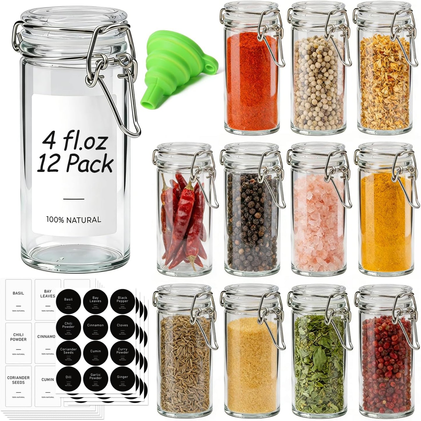 12 Pack 4 oz Set ComSaf Glass Spice Jars with Airtight Swing Top Lids, Small Clear Containers for Pantry Organization