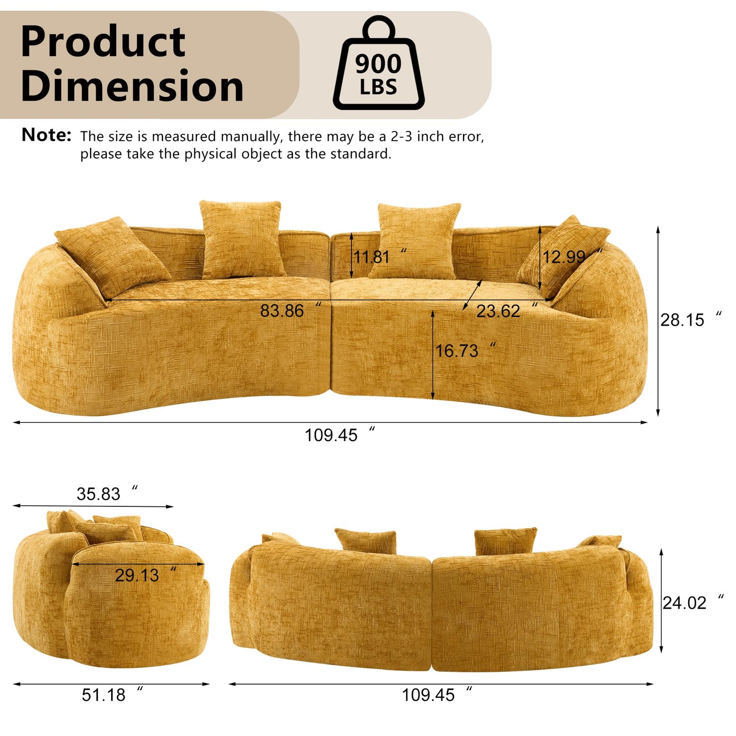 KEIKI 109.45" Curved Compressed Sofa, 4 Seat Couch with Round Armrest, Compression Seat for Living Room, Guest, Bedroom, No Assembly Required, Yellow