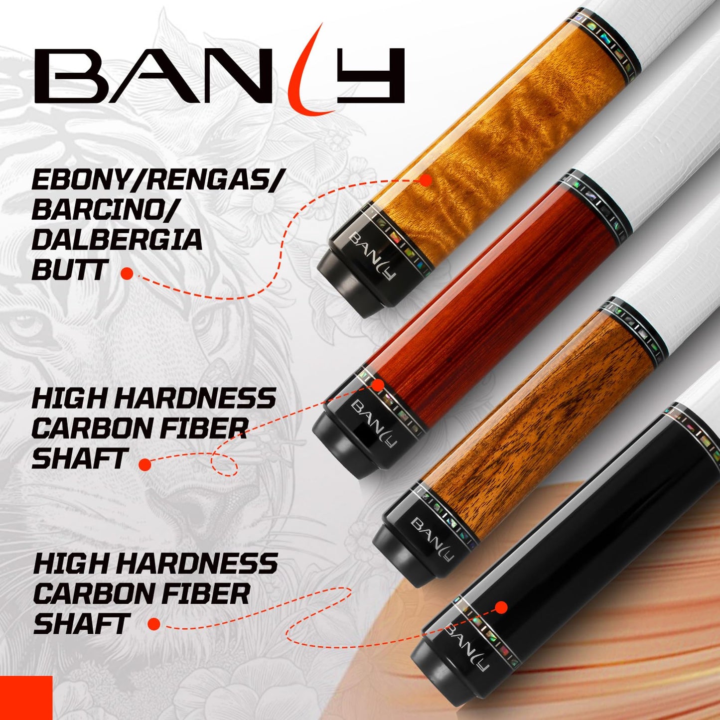 Banly Carbon Fiber Pool Cue - 12.5mm Time Crystal Tip, 58" Low Deflection Pool Sticks for Adults Professional Billiard Cue Sticks with Dalbergia Odorifera Butt