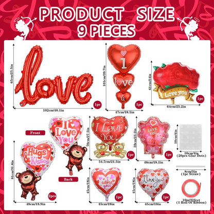 9 Pcs Valentines Balloons I Love You Foil Balloons 40 Inch Love Mylar Balloon Heart Shaped Balloon Propose Marriage Wedding Anniversary Valentines Day Decorations Supplies