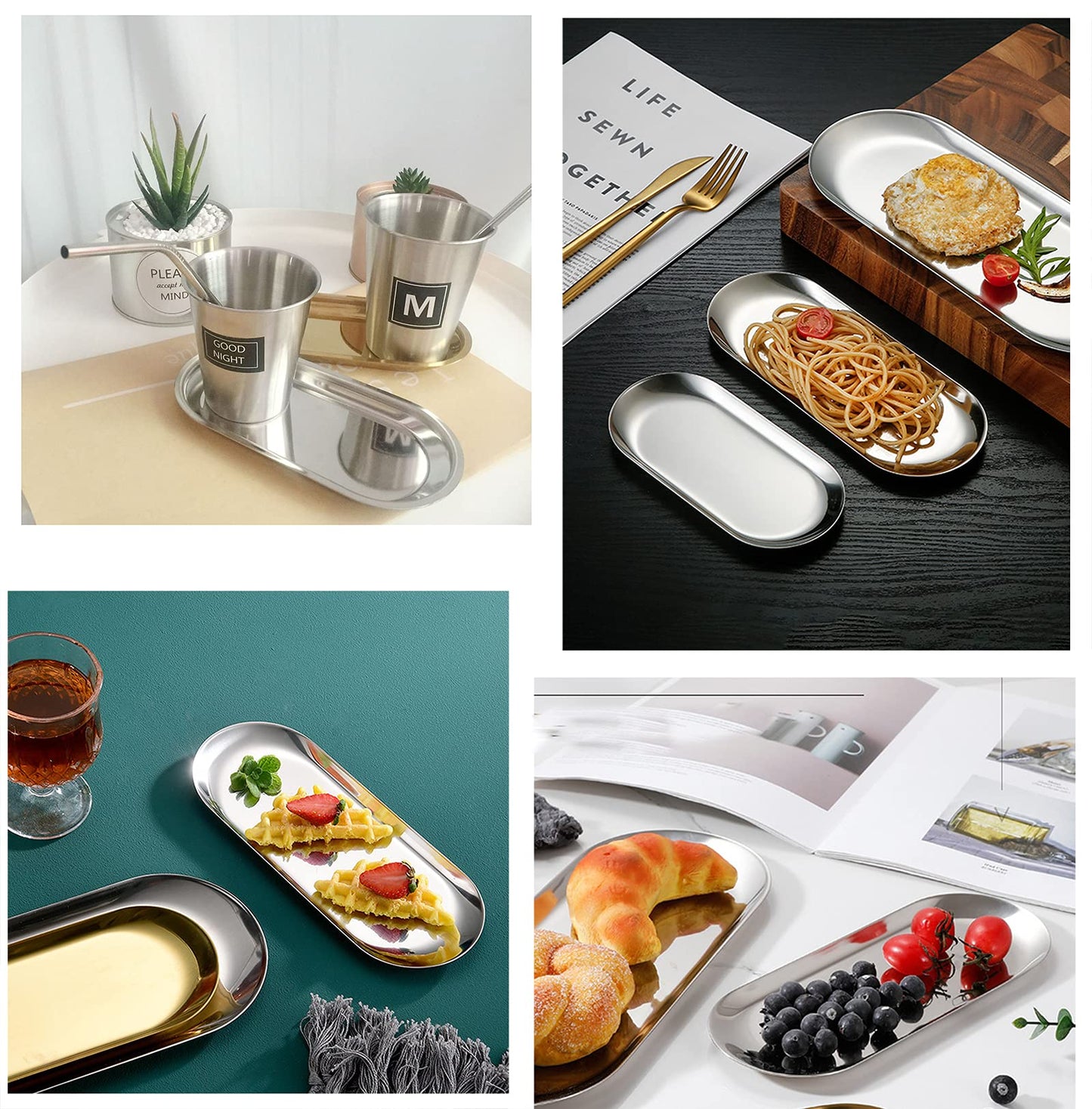 1 Pcs Gold Trinket Tray Oval Stainless Steel Small Serving Trays Towel Storage Dish Plate Tea Fruit Trays Jewelry Plate Decorative Storage Tray (Gold 1pcs, 9 x 3.8 Inch)
