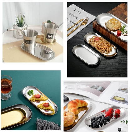 1 Pcs Gold Trinket Tray Oval Stainless Steel Small Serving Trays Towel Storage Dish Plate Tea Fruit Trays Jewelry Plate Decorative Storage Tray (Gold 1pcs, 9 x 3.8 Inch)