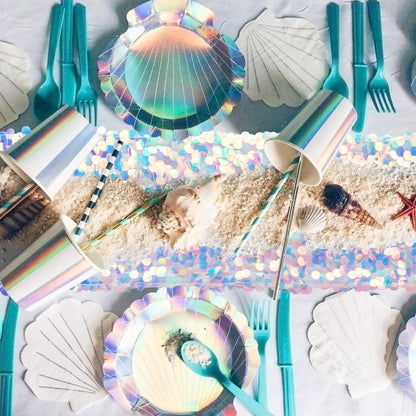 VHH Mermaid Party Table Runner, 12 x 84 inches Sequin Table Runners , Glitter Holographic Mermaid Tail Colorful Sequin Table Cover for Ocean Birthday Party (6 Pack).