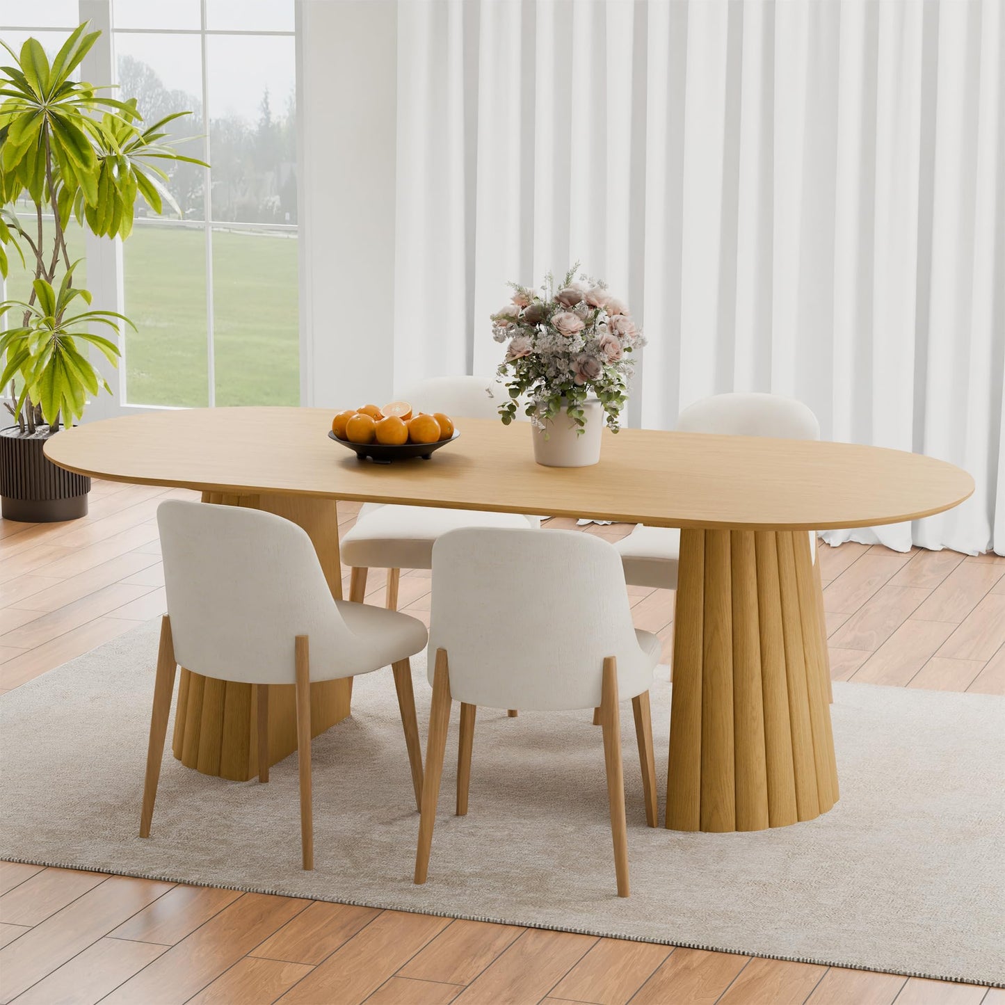 Casaphoria 79" Oval Dining Table, Modern Wood Kitchen Table with Cone Shaped Stripe Convex Base for Living Room & Dining Room, Easy Assembly Farmhouse Furniture for 6-8, Oak