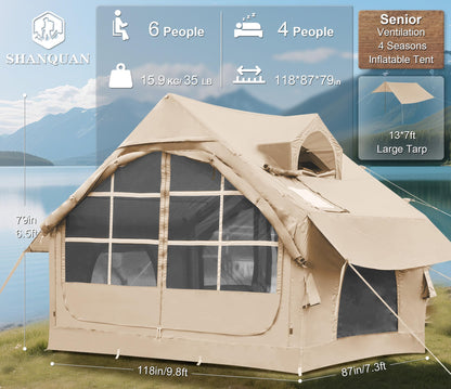 Inflatable Tents for Camping with Skylight, 4/6 Person Easy Setup Blow Up Tents for 4 Seasons Waterproof Inflatable Camping Tent with Awning, Air House Glamping Tents for Camping Adult