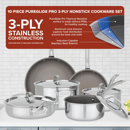 Viking PureGlide Pro 3-Ply Nonstick Cookware Set, Made without PFAS, 10-Piece Induction Pots and Pans Set, Metal Utensil Safe Titanium Nonstick Surface, Oven Safe to 600F
