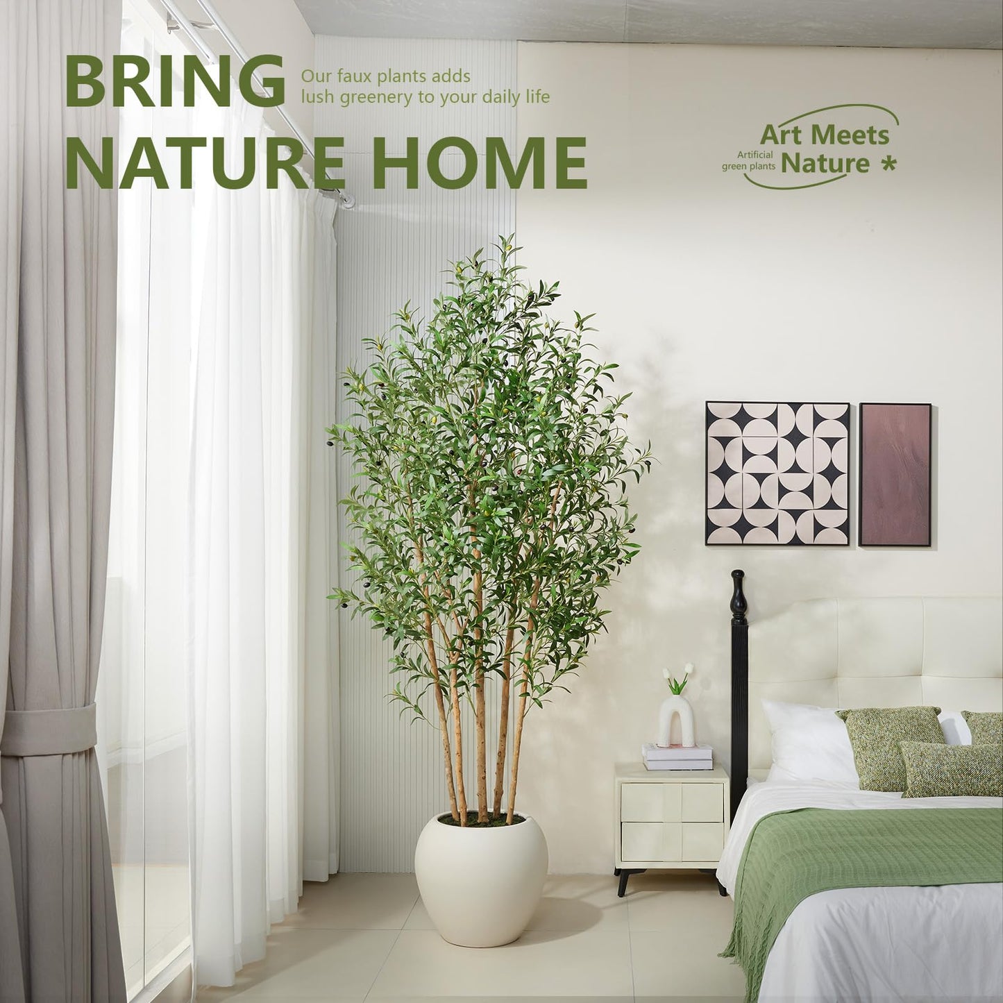 VeriNatural 8FT Olive Trees Artificial Indoor, Faux Olive Tree with Natural Wood Trunk, Lifelike Fake Plant with White Planter Included, Realistic Artificial Plants for Home Office Living Room Decor