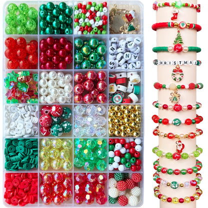 LLchunyun 1449PCS Christmas Beads for Bracelets Making Kit, Christmas Charms Red Green Beads for Jewelry Making Assorted Acrylic Crystal Round Pearl Star Spacer Clay Bead for Necklace Keychain Making