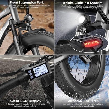 Funhang Electric Bike for Adults, 1000W Peak Ebike, 20MPH 60Miles Electric Mountain Bike, 26" Fat Tire Electric Bicycle with 48V 13AH Battery, Front Suspension,7 Speed, Rear Rack, UL 2849 Certified