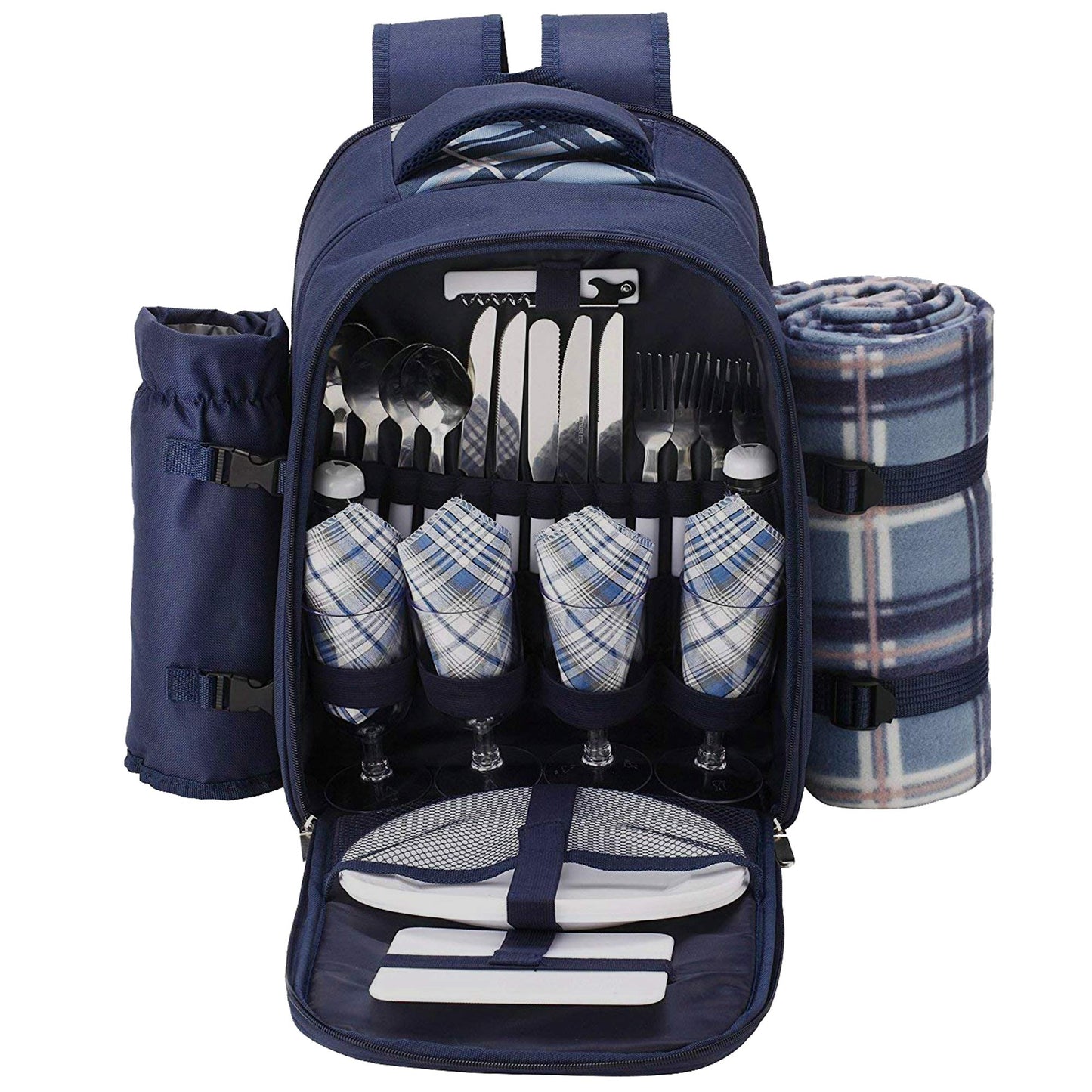 Apollo walker Picnic Backpack Set for 4 with Cooler Compartment,Detachable Bottle/Wine Holder Including Large Picnic Blanket(45"x 53") for Picnic Family and Lovers Gifts,Outdoor,BBQ Time (Blue)