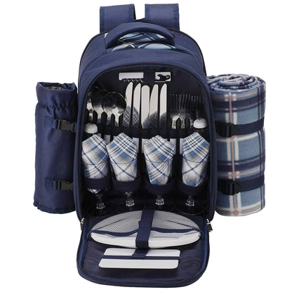 Apollo walker Picnic Backpack Set for 4 with Cooler Compartment,Detachable Bottle/Wine Holder Including Large Picnic Blanket(45"x 53") for Picnic Family and Lovers Gifts,Outdoor,BBQ Time (Blue)