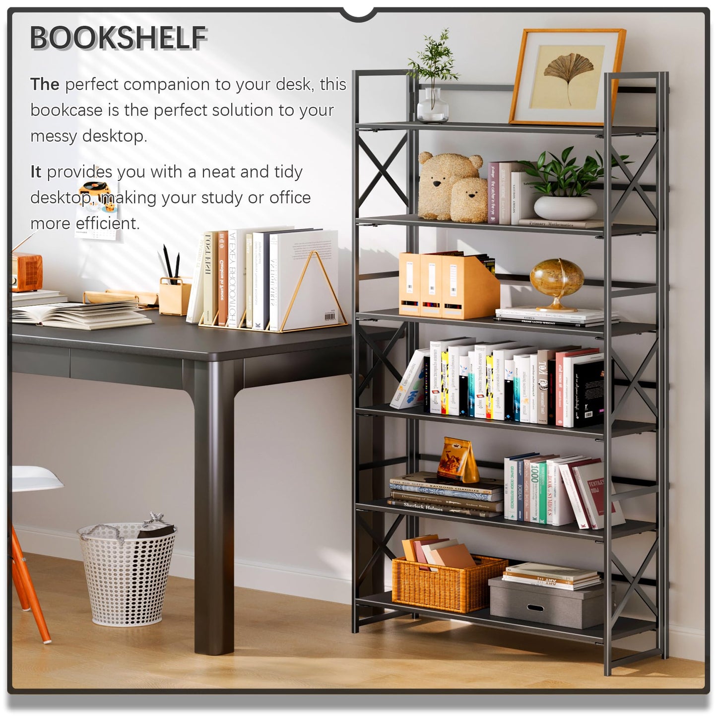 4NM Extra Wide 6 Tiers No Assembly Book Shelves, 61.8" H Folding Bookshelf Bookcase Open Industrial Foldable Shelves for Bedroom, Living Room, Home Office - All Black