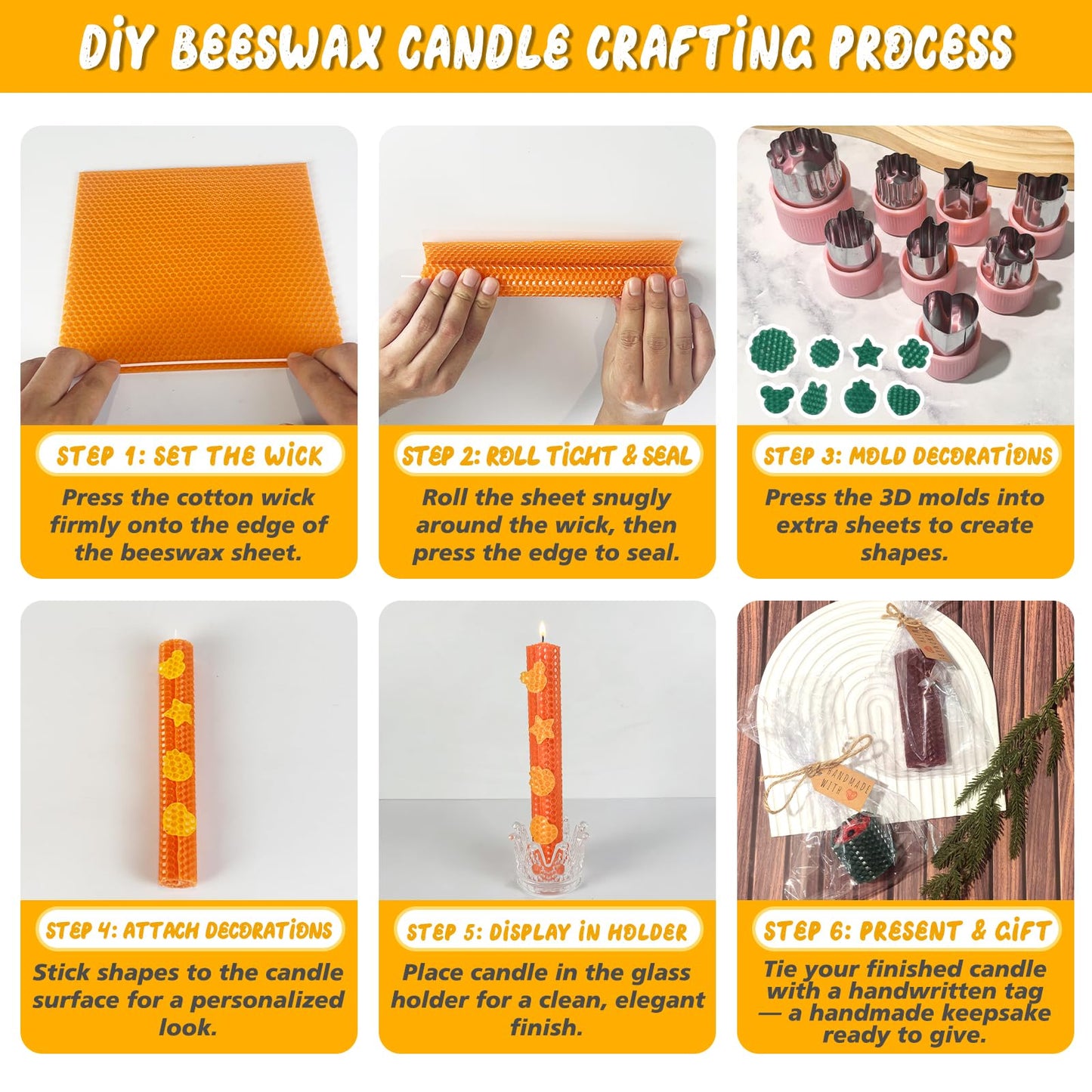 Beeswax Candle Making Kit for Adults & Kids 100% Pure Beeswax Sheet Candle Making Supplies with 20 Colorful Sheets, 8 Press-Out Molds, Glass Candle Holders & Complete Gift Supplies Creative DIY Craft