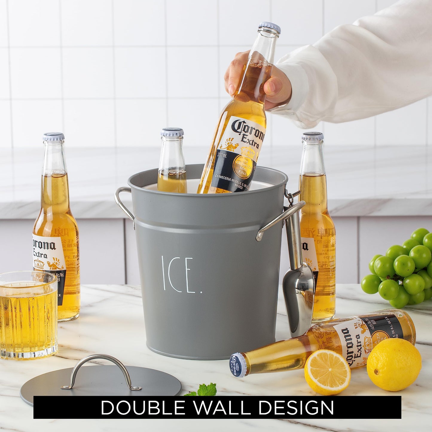Rae Dunn Ice Bucket with Scoop - Stainless Steel Bucket with Handle, Lid and Ice Scooper - 4 Qt. Storage Bin for Ice Cubes for Bars, Parties, Backyard Barbeques, Picnics, and Camping (Grey)