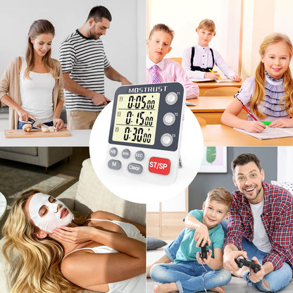 MOSTRUST Digital Dual Kitchen Timer, 3 Channels Countdown Triple Timer for Cooking, Magnetic Memory-Preset Large Display Adjustable Alarm Volume, Multi Times Management, 3A Battery Included, White