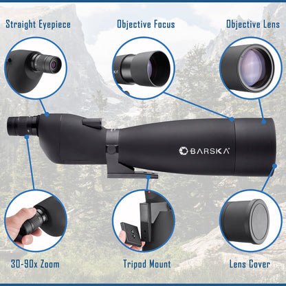 Barska Colorado 30-90x90mm Straight Spotting Scope with Tripod – Waterproof, Fully Coated Optics, Sunshade, and Carrying Cases