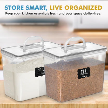 Shazo 2 PC (11L | 372 oz) Flour Sugar Storage Containers with Easy Carry Handle - Plastic Extra Large Food Storage Containers with Lids for Rice Cereal, BPA Free & Airtight Kitchen Pantry Organization
