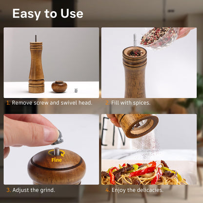 M JINGMEI Wood Salt and Pepper Grinder, Salt Grinder and Pepper Mill, Oak Wood Shakers with Adjustable Ceramic Grinders (8″ - 1 Pack with Tray)