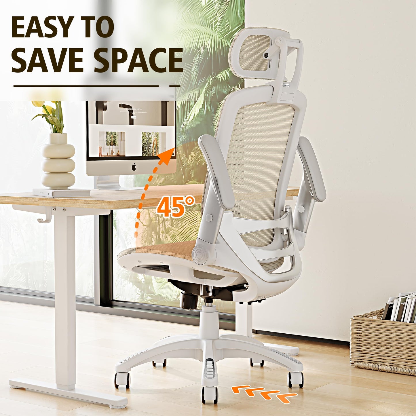 GABRYLLY Ergonomic Office Chair, High Back Home Desk Chair with Headrest, Flip-Up Arms, 90-120° Tilt Lock and Wide Cushion, 300LBS Mesh Chairs for Man Woman, White Task Chair(Beige,GY01WBG)