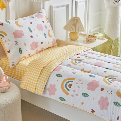 Joyreap 4 Piece Toddler Bedding Set for Girls- Pink n Yellow Clouds Moon Rainbow Lovely Design, Microfiber Toddler Bedding Comforter Set for All Seasons