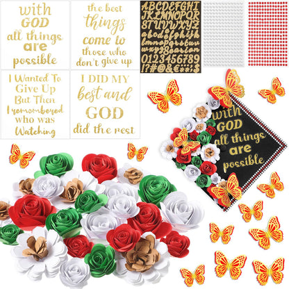 Feifeiya 44 Pcs DIY Graduation Cap Decoration Tool Kit Grad Cap Topper Faux Paper Flower Head Quote Glitter Sticker 3D Butterfly Pearl Rhinestone Sticker for Graduation Hat Decor(Red)