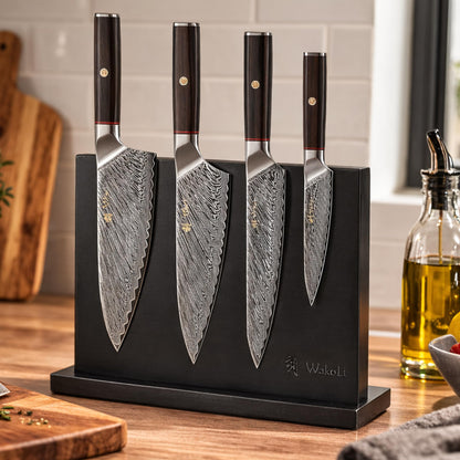 Wakoli Culinary Asia Damascus 4-Piece Knife Block Set with Magnetic Block – Professional Kitchen Knives made of 67-Layer Damascus Steel Blades & VG10 Core – Ergonomic Dark Oak Wood Handles in Gift Box